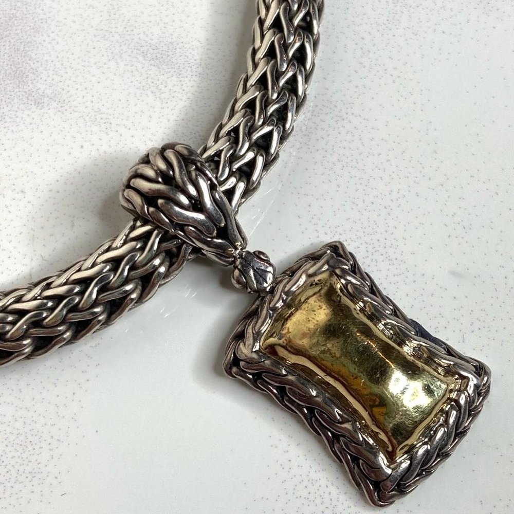 John Hardy 925 Sterling Silver & 22k Gold PALU Pendant Necklace 18" Wheat Chain - Picture 4 of 12